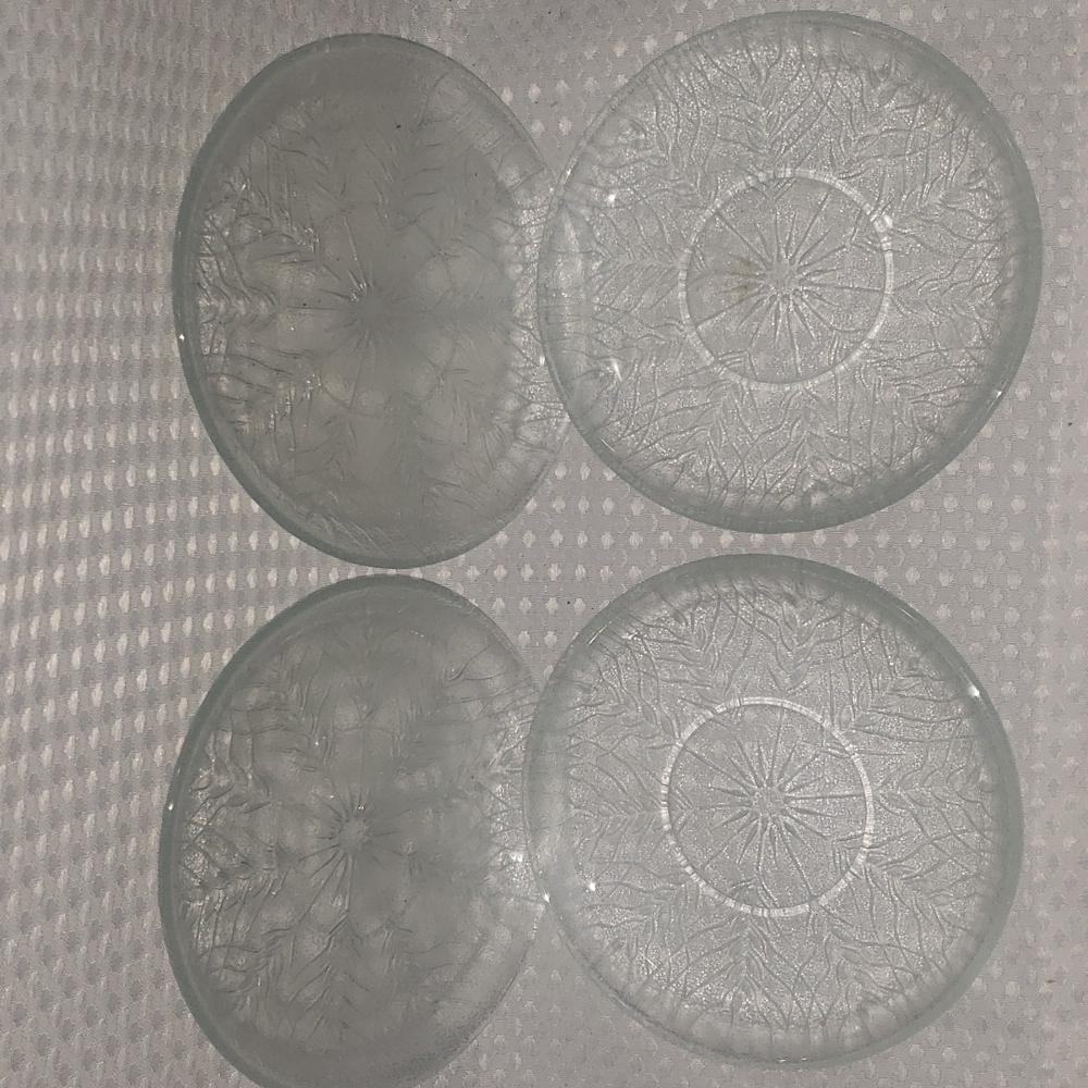 Set of 4 Depression Clear Pressed Glass Saucer Plate Leaves/ Branches Pattern